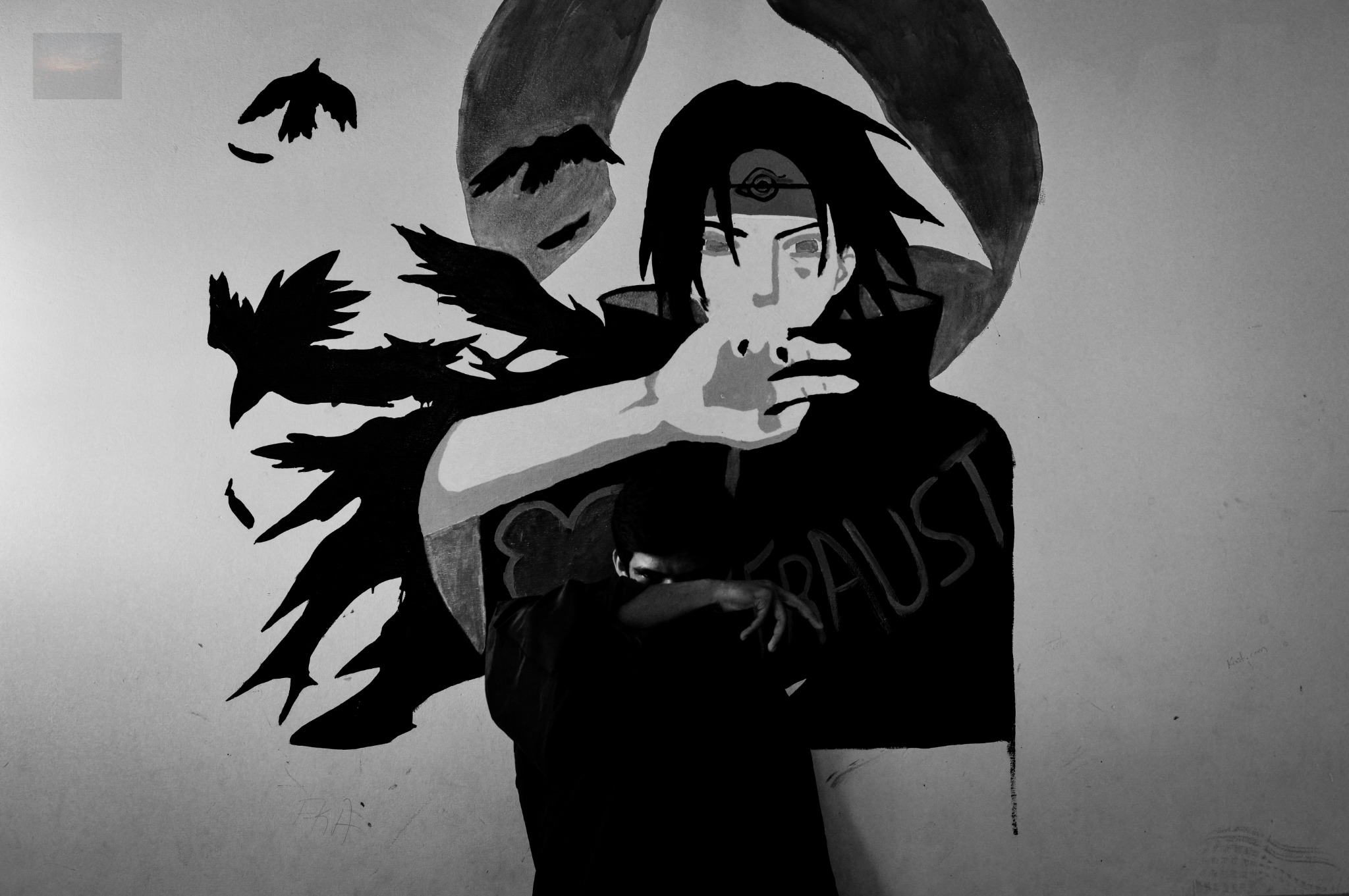 Portrait against illustrated wall